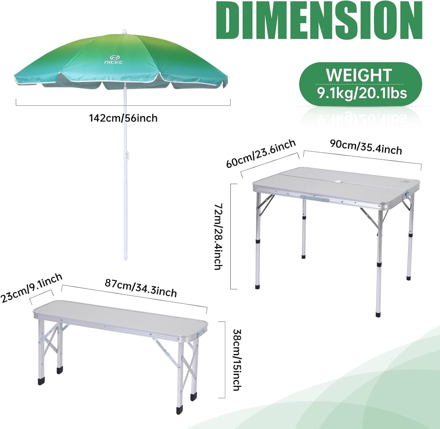 Folding Picnic Table with Umbrella Benches Mesh