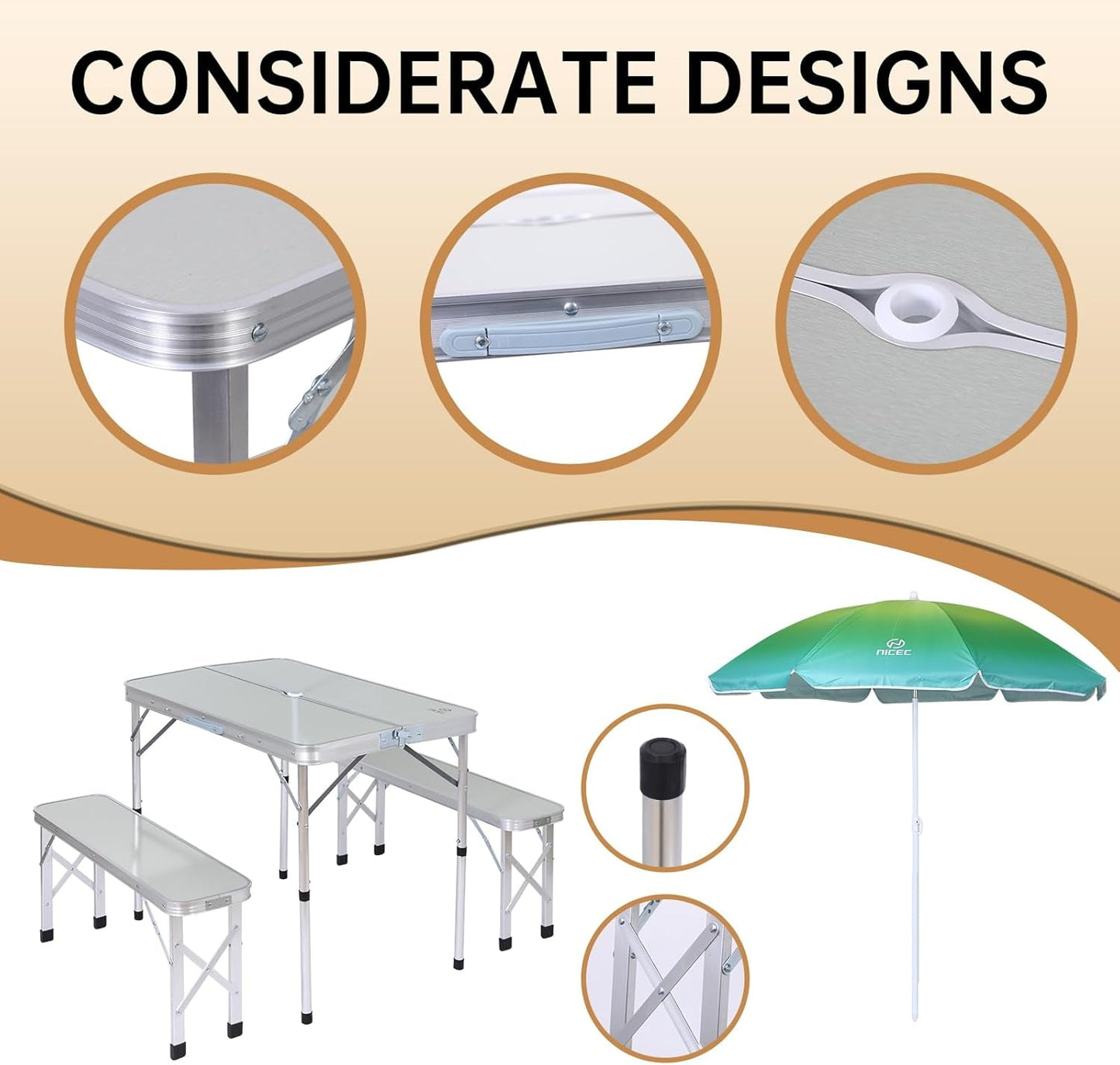 Folding Picnic Table with Umbrella Benches Mesh
