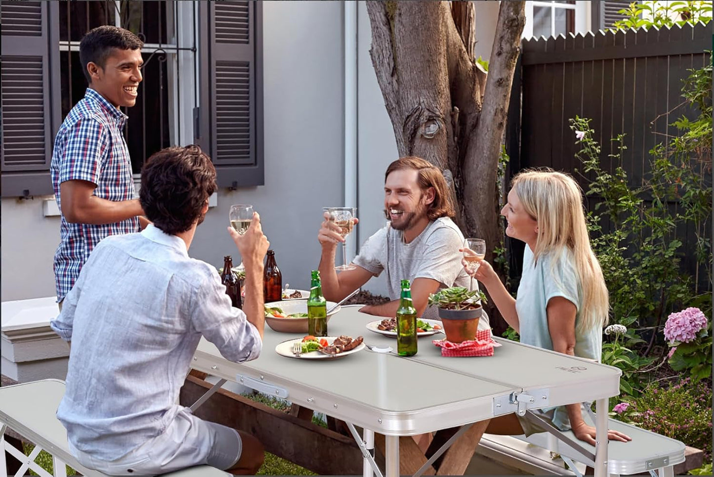 Folding Picnic Table with Umbrella Benches Mesh