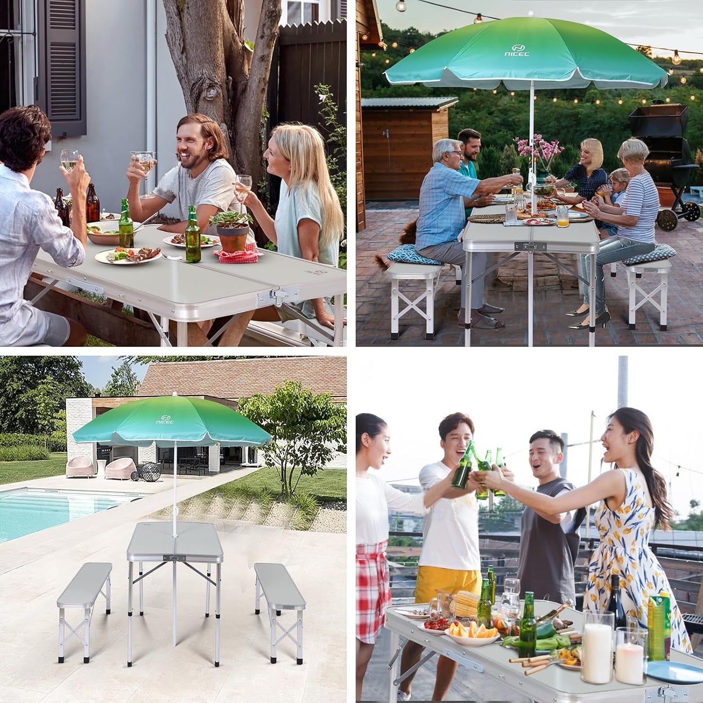 Folding Picnic Table with Umbrella Benches Mesh